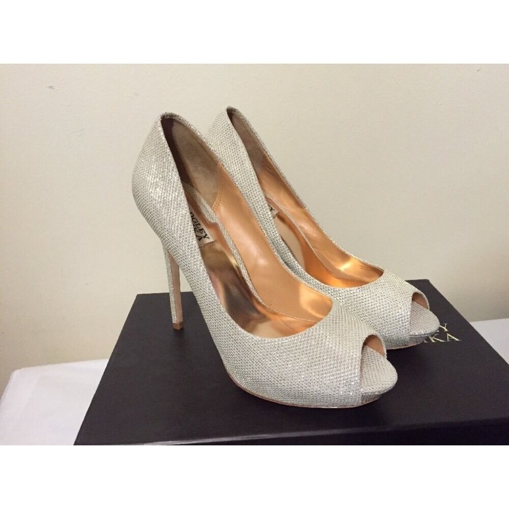 Badgley Mischka Silver Glitter Peep-Toe Stiletto Heels